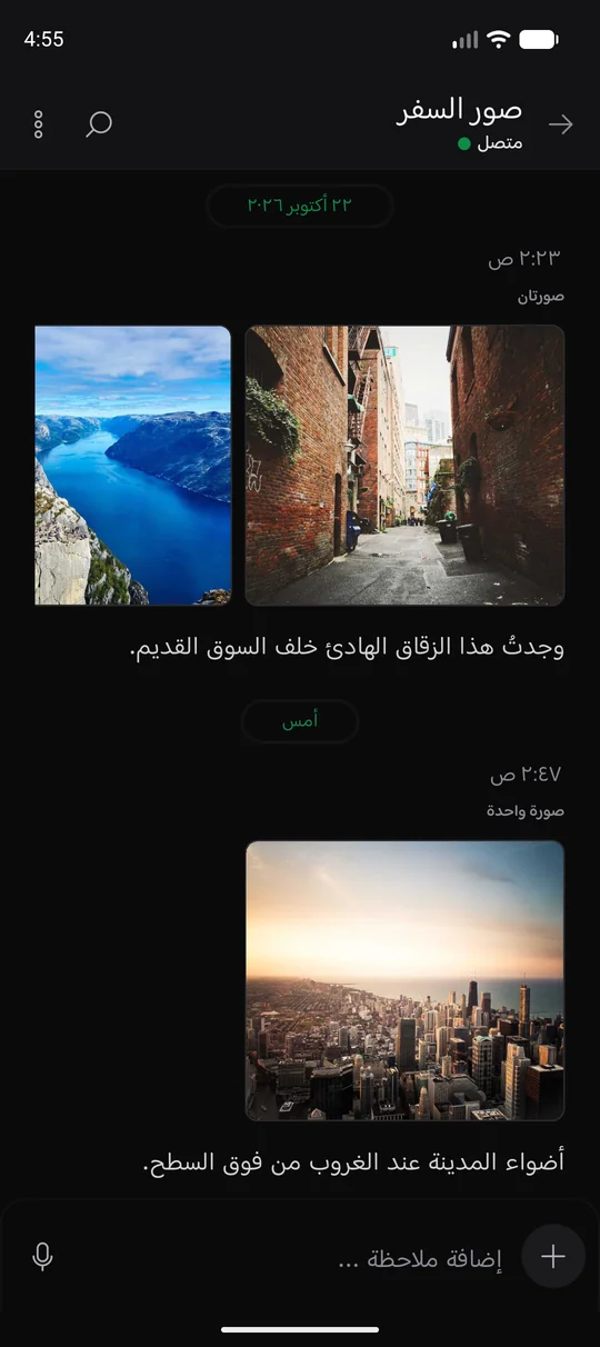 The same Memory Chat workspace on mobile - الصور في الملاحظات