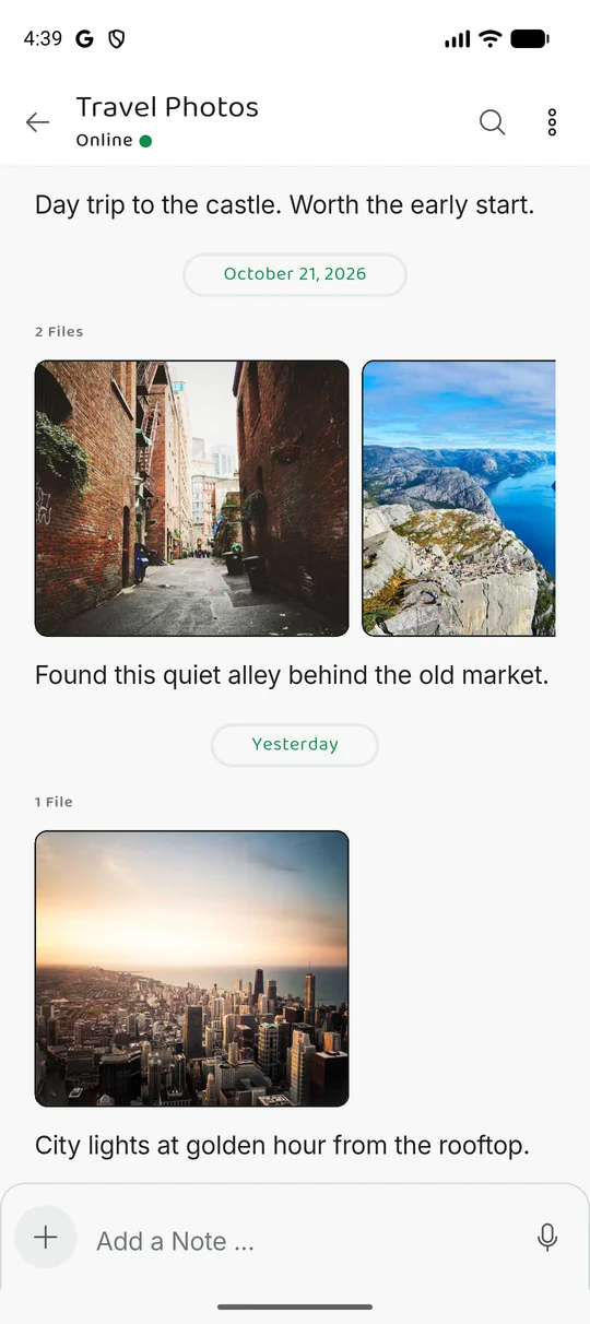 The same Memory Chat workspace on mobile - Photos in notes