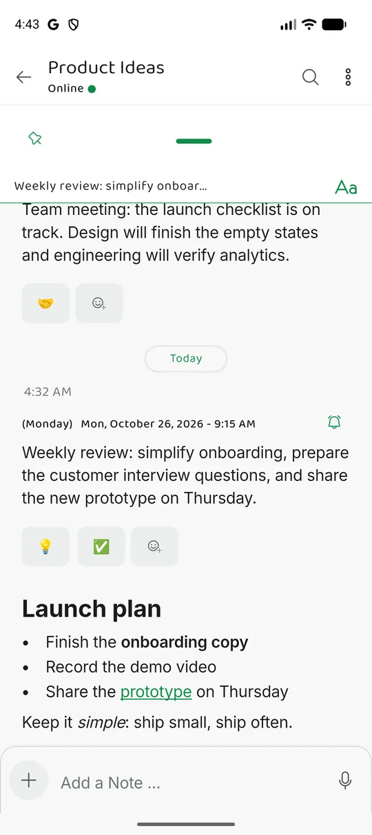The same Memory Chat workspace on mobile - Rich text