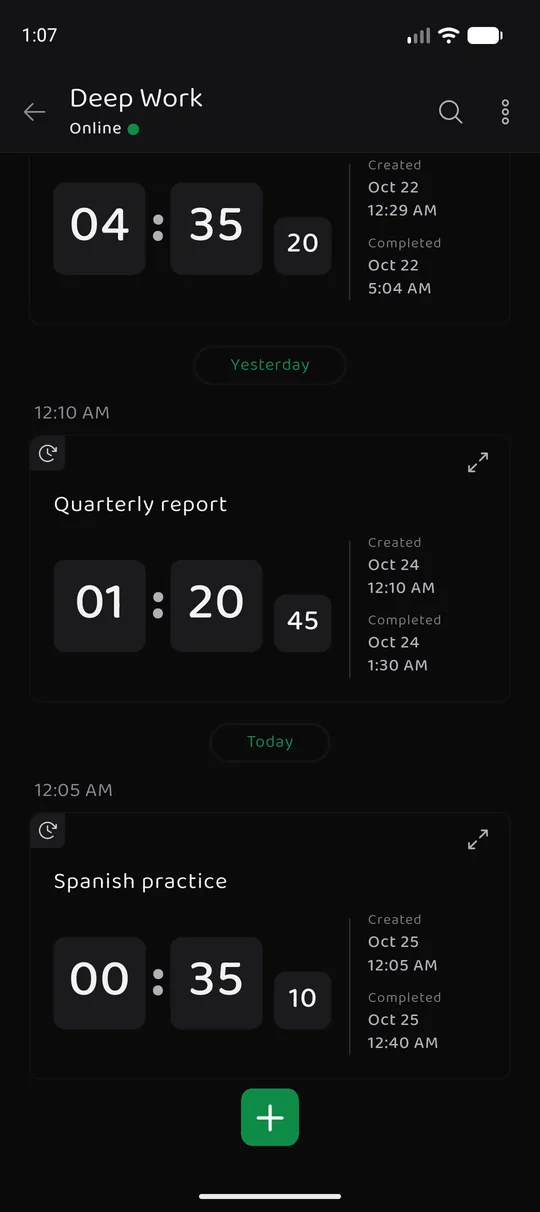 The same Memory Chat workspace on mobile - Time tracking
