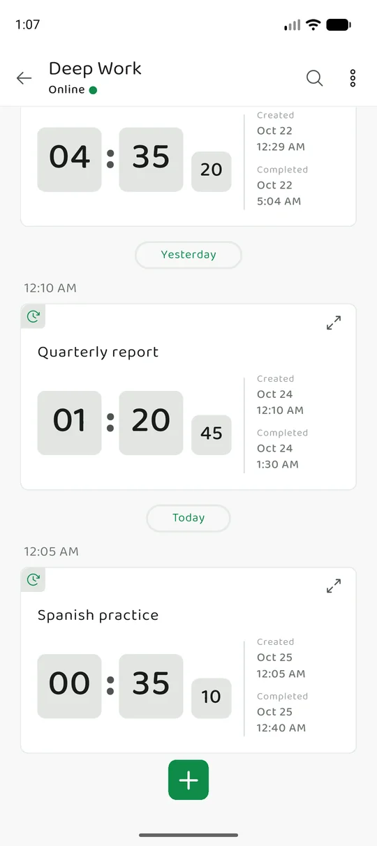 The same Memory Chat workspace on mobile - Time tracking