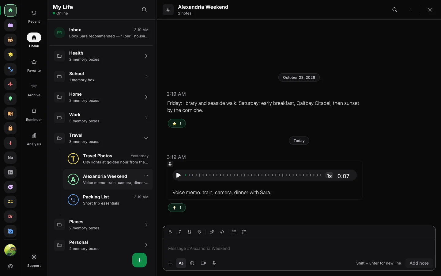 Memory Chat desktop preview - Voice notes